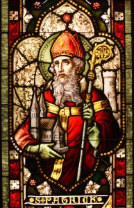 A stained glass image of Saint Patrick inside the Cathedral of Christ the Light, Oakland, CA.